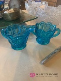 Kitchen blue glass cream and sugar bowl salt/pepper