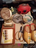 Assorted lot including, wooden shoes, piggy bank, ashtrays, shaving mirror and brush b1