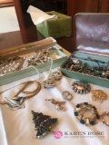 Box of costume jewelry necklaces ,earrings and brooches