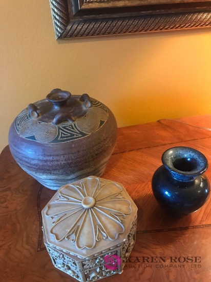 2- pottery vases and covered dish
