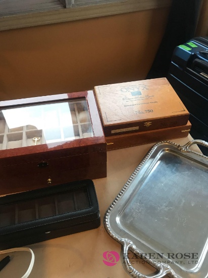 2- watch cases/serving platter and cigar boxes