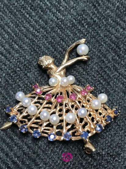 14kt gold pearl/Ruby/sapphire 1950?s brooch