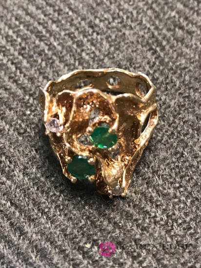 14kt gold NAT. Emeralds & diamonds ring