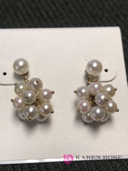 14kt Cluster Cultured pearls 1950?s ear rings