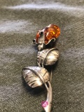 Russian Amber and sterling Rose Pin