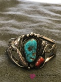 Native American signed tested sterling Turquoise & Coral bracelet
