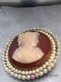 Antique 14 kt gold mount hard stone Cameo seed pearls brooch