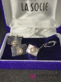 Sterling cultured pearl tie tack and cufflings designer