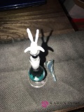 Signed glass perfume bottle w/ funnel Rabbit in Top Hat