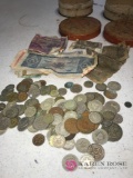 Old foreign paper money and coins