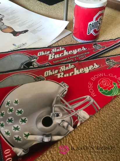 Lot of Ohio state hats-rain poncho-posters- banners