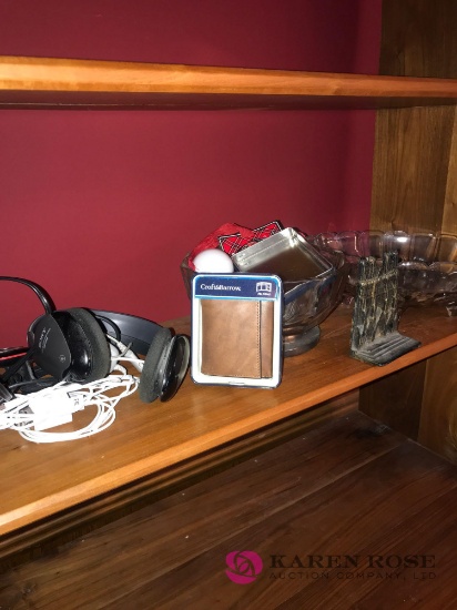 Assorted lot glass bowl-headphone-phone chargers-bookend- new wallet