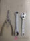 Snap-on ratchet wrench, 8-in adjustable wrench, and snap ring pliers