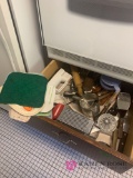 Contents of drawer under stove greater rolling pin knives mixer and other miscellaneous