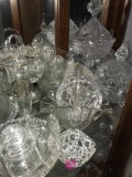 Shelf of crystal glassware baskets/bells/candy dishes