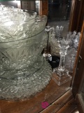Shelf of crystal glassware punch bowl sets/bowls/plates/pitchers