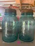 Two blue mason jar bottles