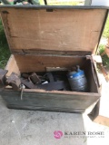 Antique wooden tool box with tools/metal box and Childs chair