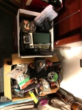 Three boxes of miscellaneous items including flashlights, tools, keychains, and more BR3