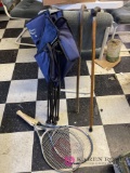 Miscellaneous lot including crowbar, chair, Kane, and tennis rackets. Rec room location