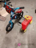 Spider-Man bike and toy riding tractor. Barn location