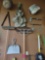 Miscellaneous lots of vintage farm tools , extension work lights,brooms, see pictures