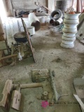 Miscellaneous lot including vintage table saw, drill press, wheels, tires, sled, boards, and more