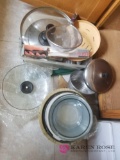 K - Shelf of Mixing Bowls, Lids, Strainers