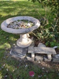 Concrete bird bath and small concrete bench