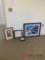 Three framed pictures and wall clock room #1