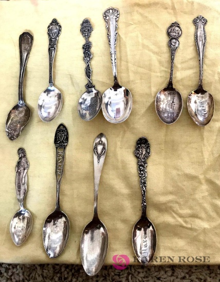 10 assorted silver souvenir spoons
