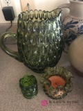 Green pitcher/Fenton candle holder/toothpick holder