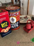 Pottery plate/advertising tins/salt and pepper