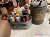 Garage vintage Ford oil carrier, fuel can