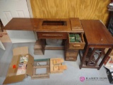 sewing machine cabinet, with contents, side table and accessories. bs