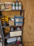 metal shelf unit with contents including propane canisters, nuts and bolts and more. BS