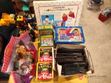 toy lot including paper doll house, transformer, tins of crayolas and more. bs