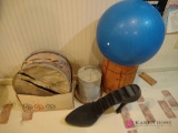 miscellaneous lot including wood barrel, ball, vintage drum, and more. bs