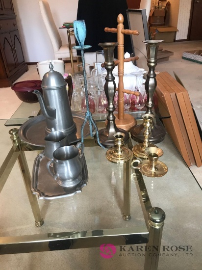 pewter pieces/candle stick holders/brass
