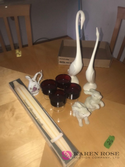 bunny figures/red dessert cups/candle