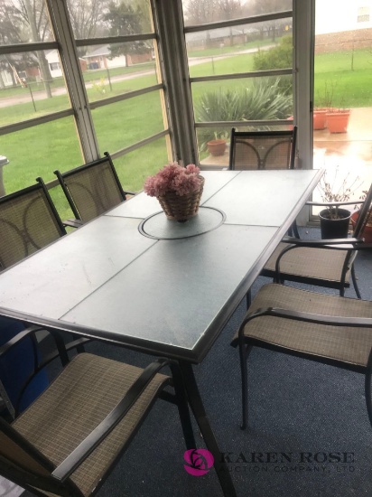 Patio Glass top table with 6 chairs and glider, BRING HELP TO LOAD
