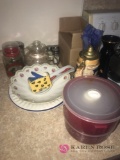assorted kitchen items plates/jars/