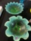 two 9 inch green decorative glass candy dishes