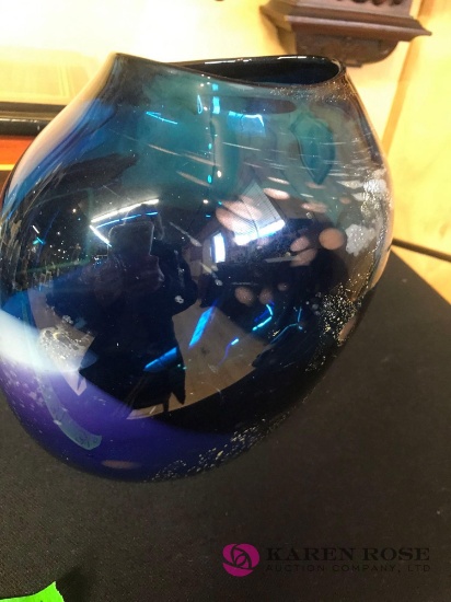 signed 9 in blue glass vase