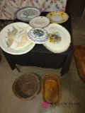 miscellaneous platters, clock, and baskets