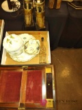 19thC. travel desk misc lot including dishes, candle holders