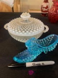 Fenton like decorative glass shoe and dish with lid