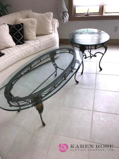 2- wrought Iron glass top end tables