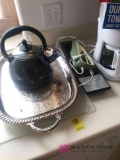 Mr. coffee, tea pot, silver plate tray, electric knife