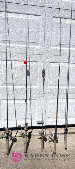 five fishing poles four have reels